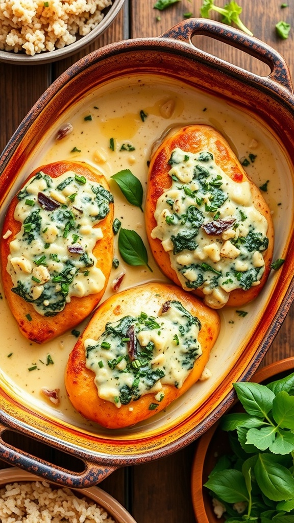 Creamy spinach artichoke chicken bake served in a rustic dish, garnished with herbs and accompanied by rice and salad.